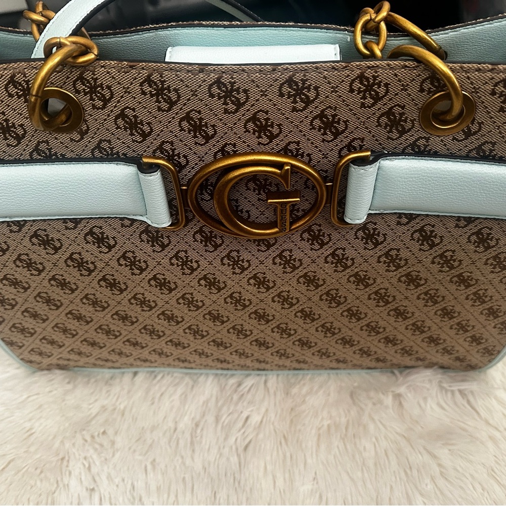 Guess Tan and Gold Monogram Shoulder Bag